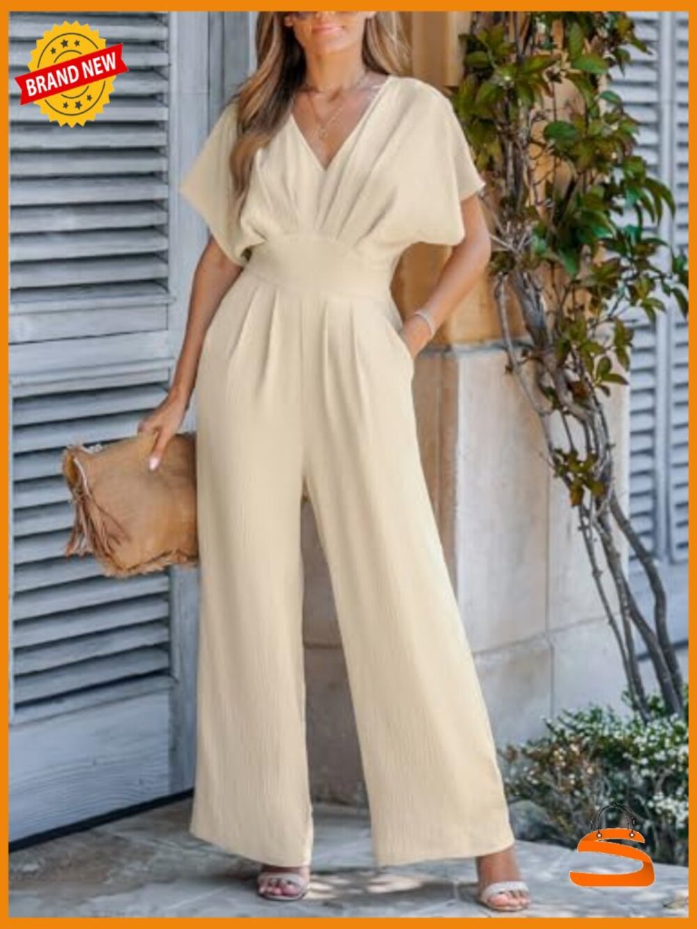 Wide Leg Jumpsuit V-Neck Batwing Short Sleeve Summer Casual Romper with Pockets - Picture 5 of 6